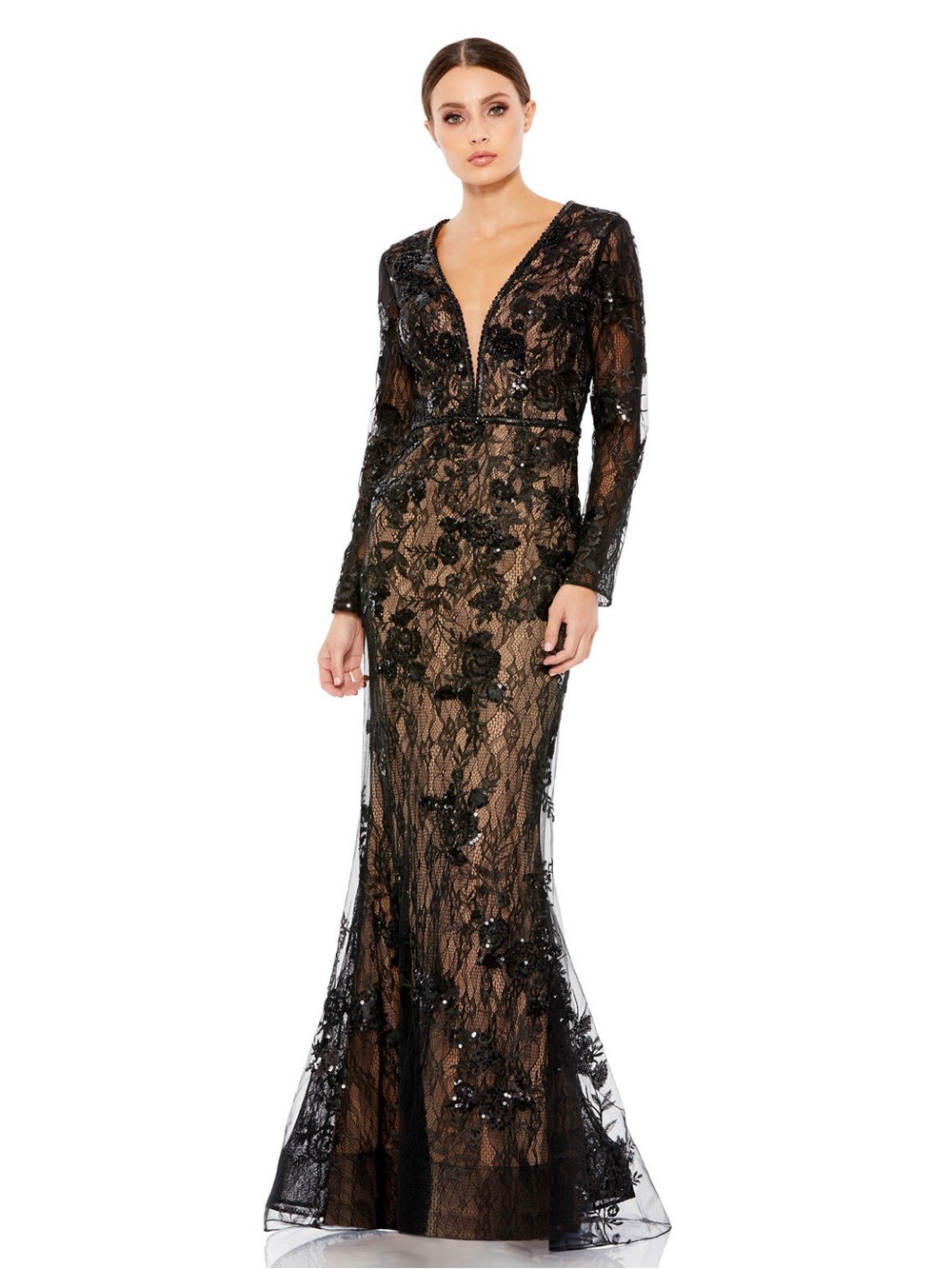 Mac Duggal 79351 Black Embellished Long Sleeve Plunge Neck Trumpet Gown Size 14